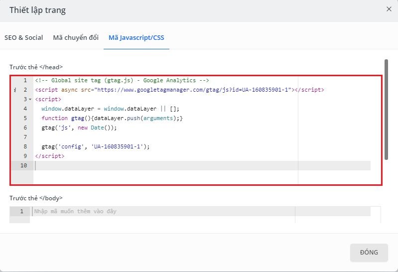 Cài đặt bằng đoạn Code Google Analytics cung cấp